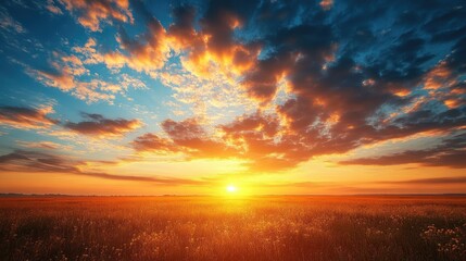 Fototapeta premium A wide-open field with the sun setting on the horizon, casting a warm glow on the clouds above.