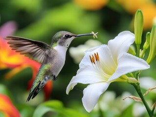 Fototapeta premium Little Daylily: Female Ruby Throated Hummingbird Inspecting Nectar from Blooming Flower