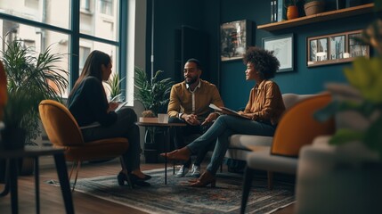 People engaged in a discussion in a cozy modern living space with plants, large windows, and warm decor during the afternoon