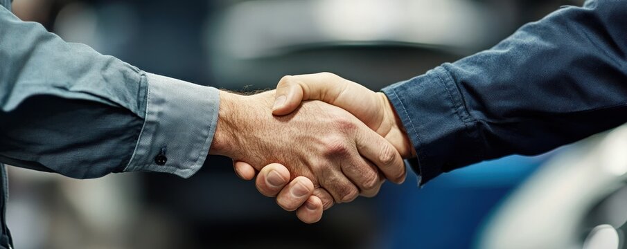 Closeup of two mechanics shaking hands in a workshop environment symbolizing partnership and cooperation in a professional setting