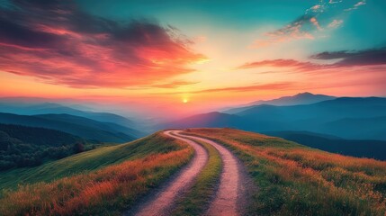 Fototapeta premium A winding mountain road at sunset, with the sky filled with warm colors and the peaks silhouetted against the horizon.