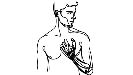 Portrait of a man with a prosthetic arm single line art illustration