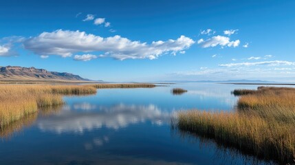 Fototapeta premium Bear River Bird Refuge in Autumn: Water, Grass, and Sky Landscape with Great Salt Lake Views