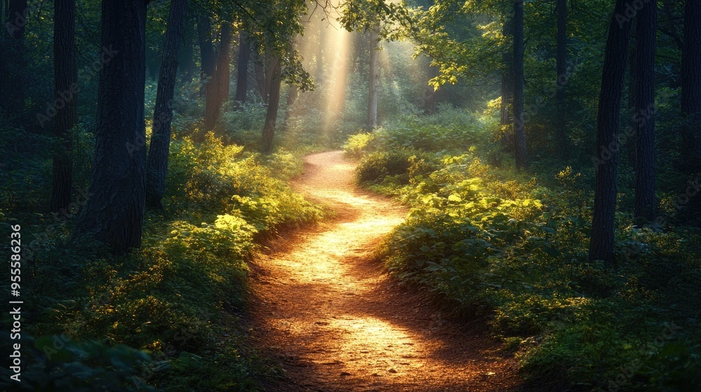 Poster a winding trail through a dense forest with sunlight filtering through the trees, inviting explorati