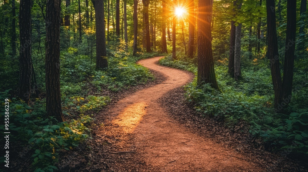 Poster a winding trail through a dense forest with sunlight filtering through the trees, inviting explorati