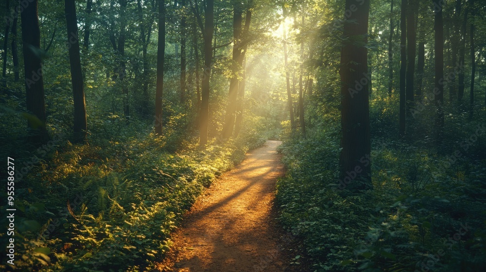 Poster a winding trail through a dense forest with sunlight filtering through the trees, inviting explorati