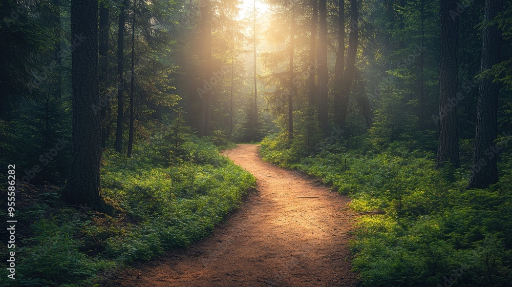 Poster a winding trail through a dense forest with sunlight filtering through the trees, inviting explorati
