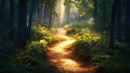 Obraz premium A winding trail through a dense forest with sunlight filtering through the trees, inviting exploration and adventure with ample space for copy.