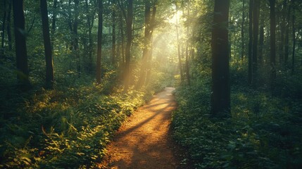 Fototapeta premium A winding trail through a dense forest with sunlight filtering through the trees, inviting exploration and adventure with ample space for copy.
