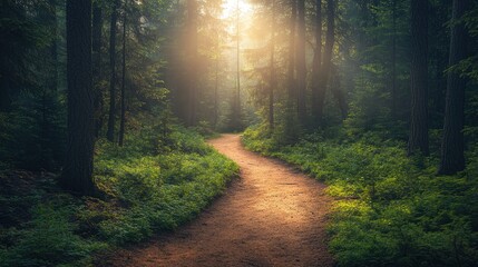 Obraz premium A winding trail through a dense forest with sunlight filtering through the trees, inviting exploration and adventure with ample space for copy.