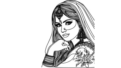 Portrait of an Indian bride in traditional outfit line art