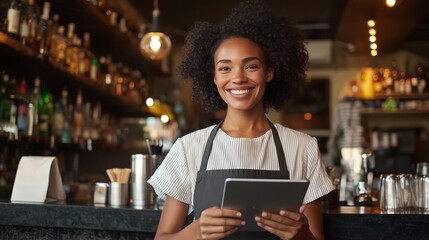 Portrait of a cheerful waitress interacting with a digital tablet in a lively bar, illustrating the integration of technology to enhance the dining experience and streamline operat