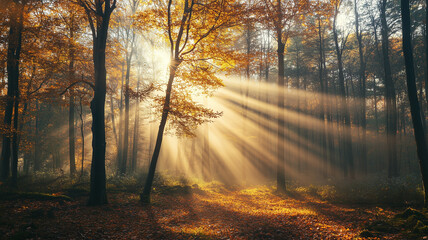 Obraz premium Morning sunrays in late autumn forest. Beautiful fall landscape, trees with leaves in autumn colors. Laeves on the ground. Natural light. Sunbeams in autumn forest. Background poster, autumn mockup.