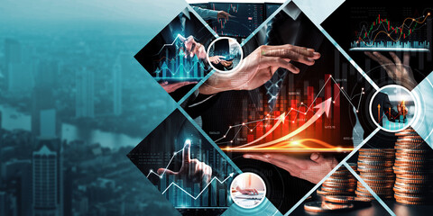 Futuristic business digital financial data technology concept for future big data analytic and business intelligence research for businessman analyst invest decisions making panoramic banner kudos