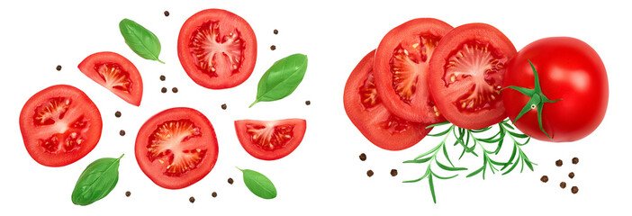 Tomato slices with basil and peppercorns isolated on white background. Clipping path and full depth of field. Top view. Flat lay