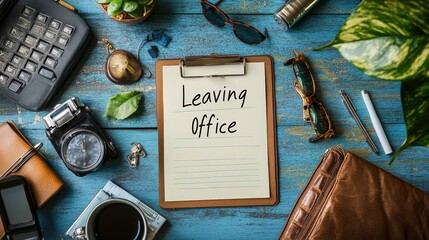 A workspace with a "Leaving Office" note and travel essentials ready for departure, capturing the transition from work to personal time. Plenty of room for messages.