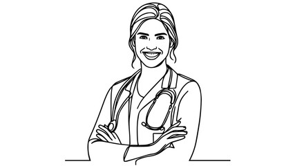 Smiling young female doctor with arms crossed line art vector