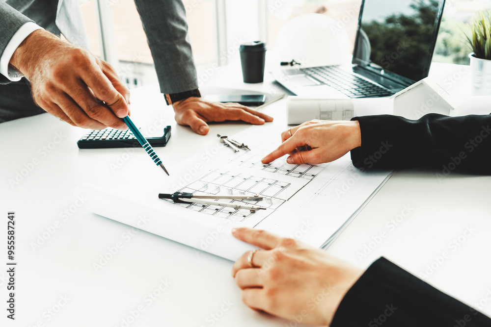 Poster architect and engineer working with construction drawing project on table in office. architecture an