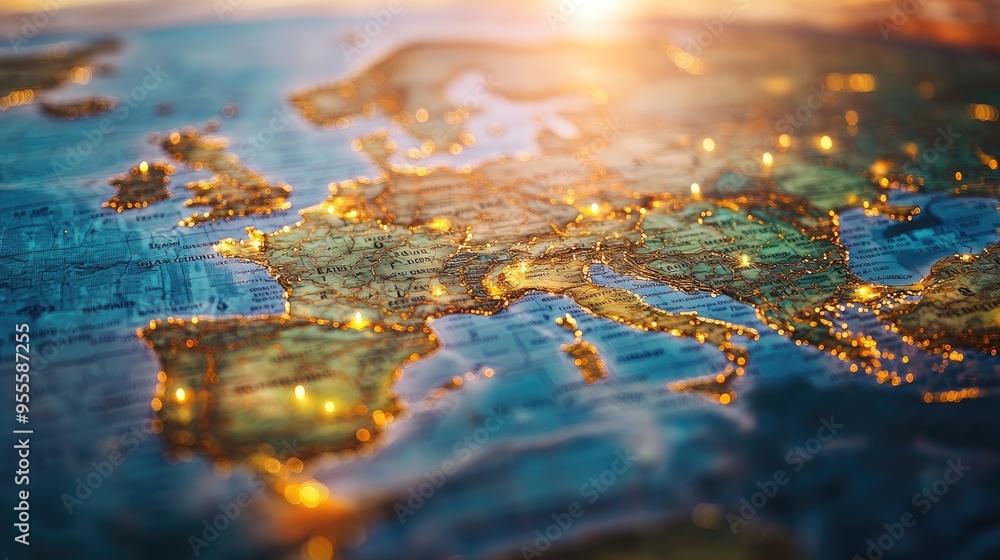 Poster a world map with highlighted travel paths and destination markers, representing global travel advent
