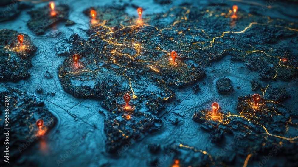 Poster a world map with highlighted travel paths and destination markers, representing global travel advent