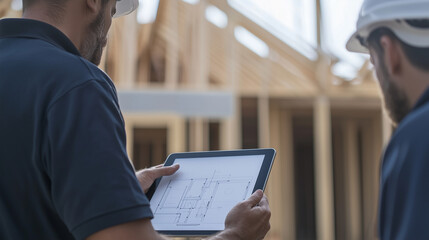 building contractor and a home owner reviewing architectural plans on a touchpad at a construction site, discussing project details and progress. photo