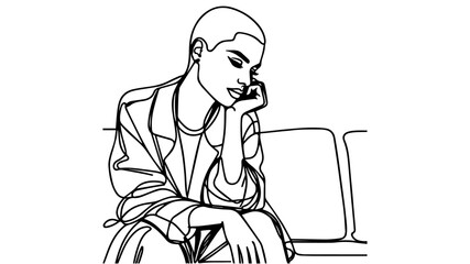 woman with a buzz cut shaved head sitting on a sofa line art vector