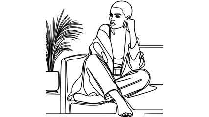 Stylish woman with a  shaved head sitting on a sofa one line drawing vector