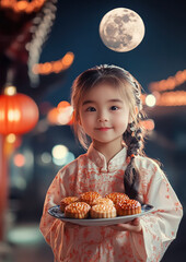 Naklejka premium a little asian girl holding plate of mooncakes with chinese temple and moon in background, china, beijing, mid autumn festival, september 17, reunification day, child, portrait, food, treat, meal
