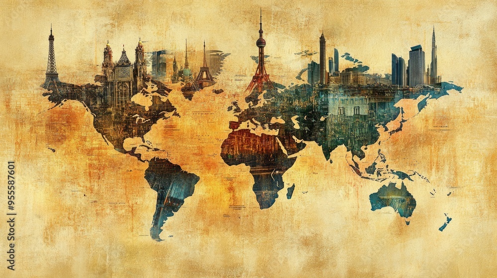 Poster a world map with various landmarks highlighted, capturing the essence of global travel. ample space 