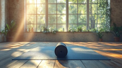 A yoga mat rolled out in a bright, open gym space, with windows letting in natural light, providing a serene and focused atmosphere with room for text.