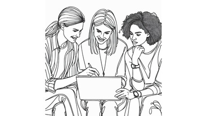 Three diverse women collaborating on a project line art