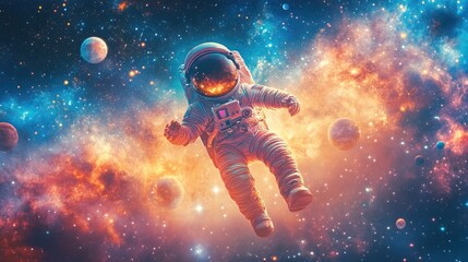 Naklejka premium A young astronaut in a playful space suit, floating against a backdrop of stars and planets. Plenty of room for messages.