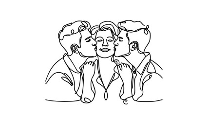 Two men kissing their mother on cheeks single line drawing