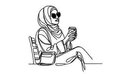 woman in hijab wearing sunglasses, sitting on a bench and enjoying coffee one line art