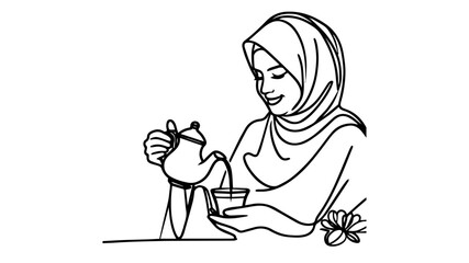 woman wearing hijab pouring arab tea line art illustration