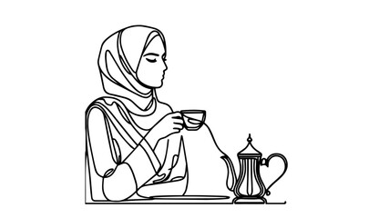 woman wearing hijab simping tea one line art
