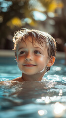 Joyful young boy splashing in an outdoor pool on a sunny day, enjoying carefree play in the water, capturing the spirit of childhood joy