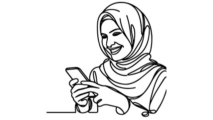 Woman wearing hijab using her phone line art vector
