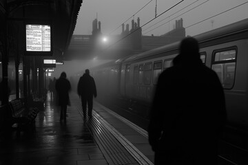 A dark, foggy evening at a train station, where silhouetted figures move through the mist.