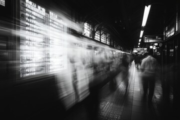 A black-and-white image capturing the dynamic motion of commuters at a futuristic train station.
