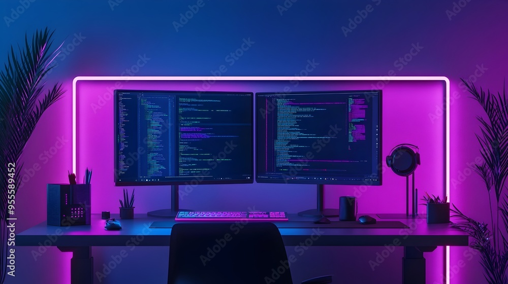 Poster futuristic neon lit dual screen desk workspace with dynamic web design tools and accessories