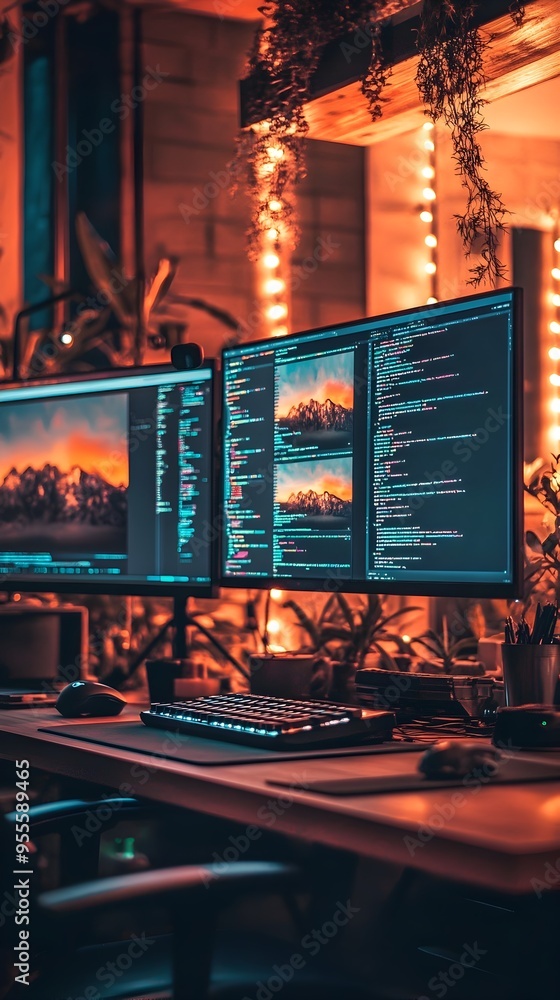 Aufkleber cutting edge neon lit developer s workspace with cutting edge tech displays