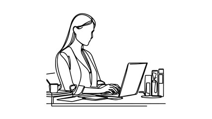 Woman working at her desk line art drawing