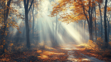Obraz premium Morning sunrays in late autumn forest. Beautiful fall landscape, trees with leaves in autumn colors. Laeves on the ground. Natural light. Sunbeams in autumn forest. Background poster, autumn mockup.