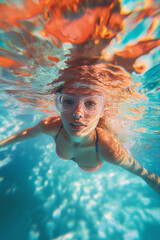 Naklejka premium Young woman is swimming underwater in a turquoise pool while wearing swimming goggles