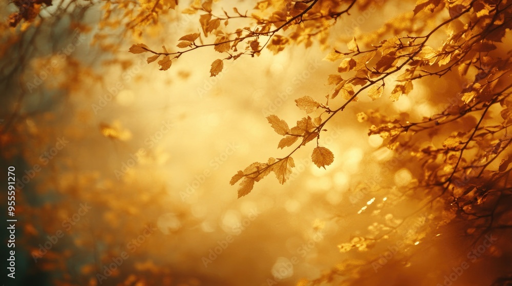 Aufkleber an abstract background of blurred tree branches and leaves, with light filtering through in soft, go
