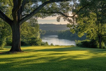 Naklejka premium Oak Ridge Tennessee. Tranquil River View in a Beautiful Morning Park