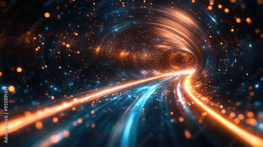 Poster an abstract representation of hyperspace with bright, swirling light trails and a sense of motion. a