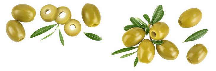 Green olives with leaves isolated on a white background with full depth of field. Top view with copy space for your tex. Flat lay