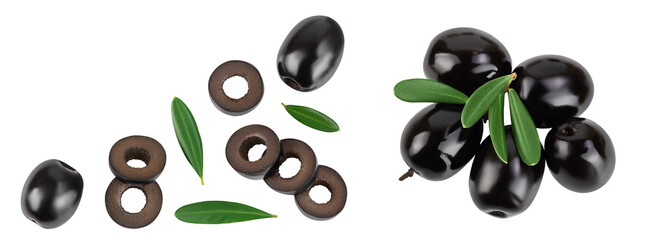 Black olives with leaves isolated on a white background with full depth of field. Top view with copy space for your tex. Flat lay